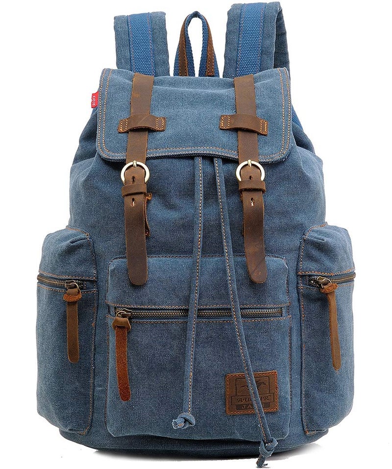 HuaChen Vintage Canvas Backpack, Casual Daypack Travel Rucksack with Leather for Men Women, Laptop Compartment M32 Blue - Image 1